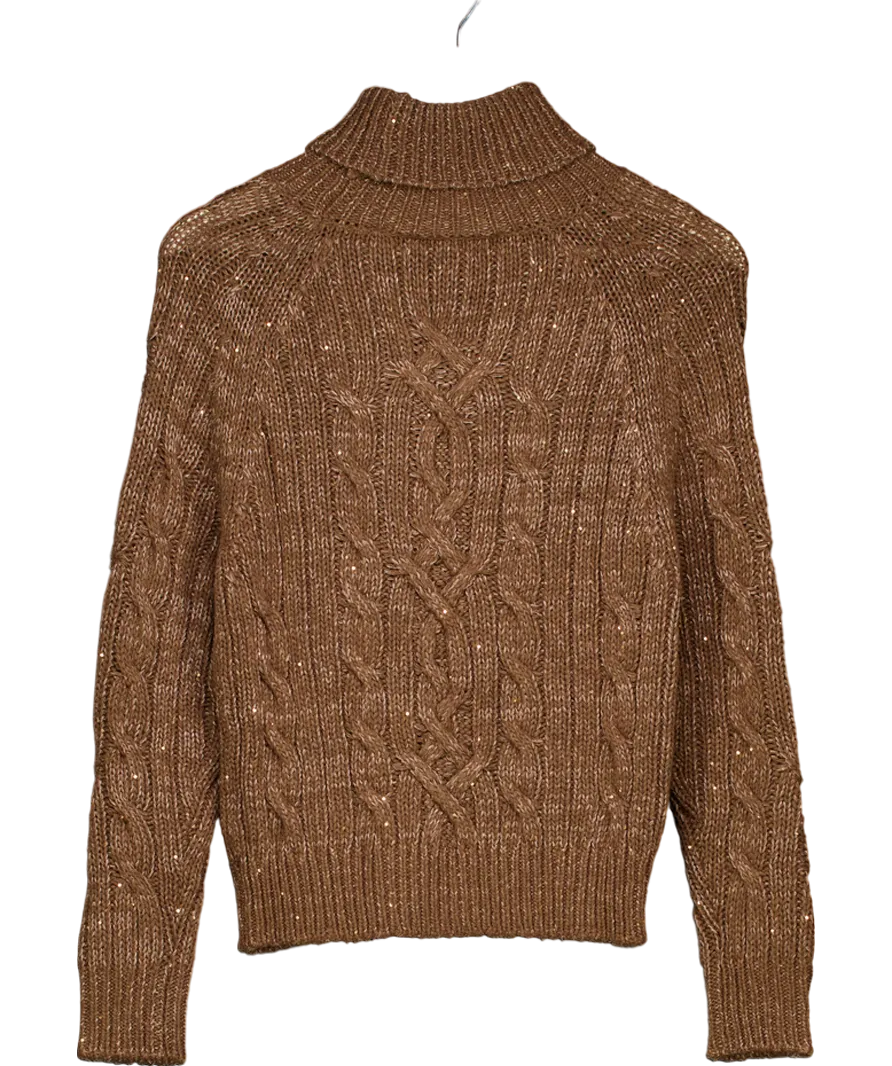 asta Resort Brown Elsa Cable Knit Sweater - Tobacco Sequin UK S