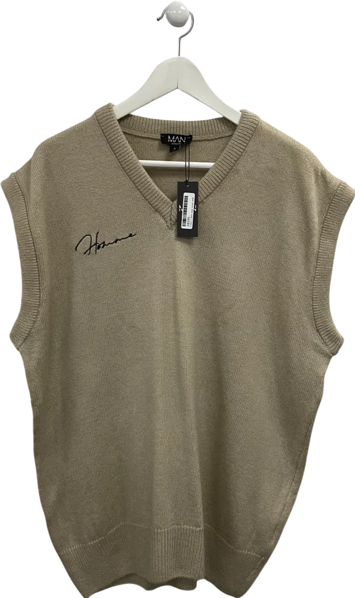 boohooMan Beige Oversized Homme Brushed Rib Knit Vest UK S