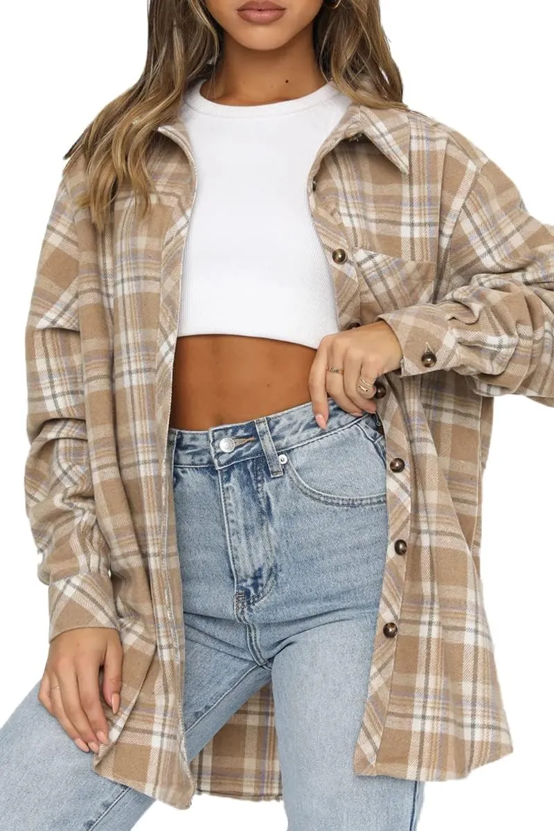 CHYRII Women's Casual Flannel Plaid Shacket Button Down Long Sleeve Shirt Jacket Coats with Pockets