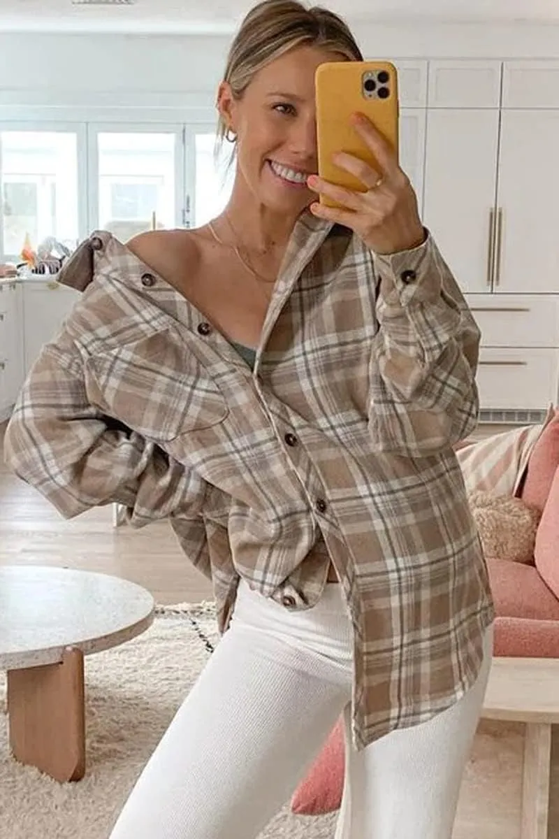 CHYRII Women's Casual Flannel Plaid Shacket Button Down Long Sleeve Shirt Jacket Coats with Pockets
