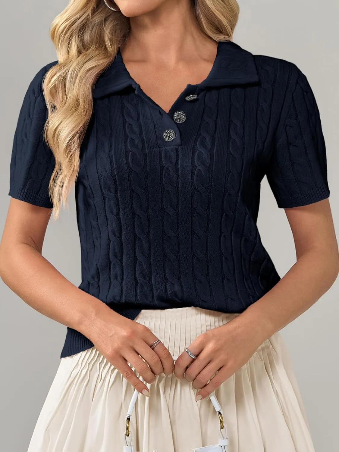 Imily Bela Womens Short Sleeve Sweater Business Casual Polo V Neck Shirts Lightweight Cable Knit Pullover Summer Tops