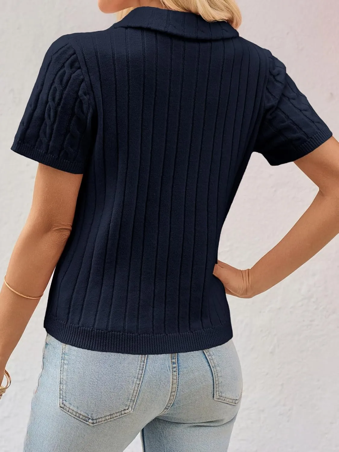 Imily Bela Womens Short Sleeve Sweater Business Casual Polo V Neck Shirts Lightweight Cable Knit Pullover Summer Tops