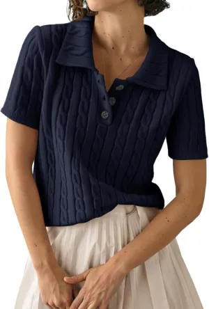 Imily Bela Womens Short Sleeve Sweater Business Casual Polo V Neck Shirts Lightweight Cable Knit Pullover Summer Tops