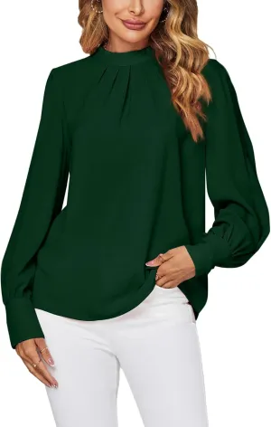 LYANER Women's Mock Neck Pleated Solid Long Sleeve Blouse Office Shirt Top