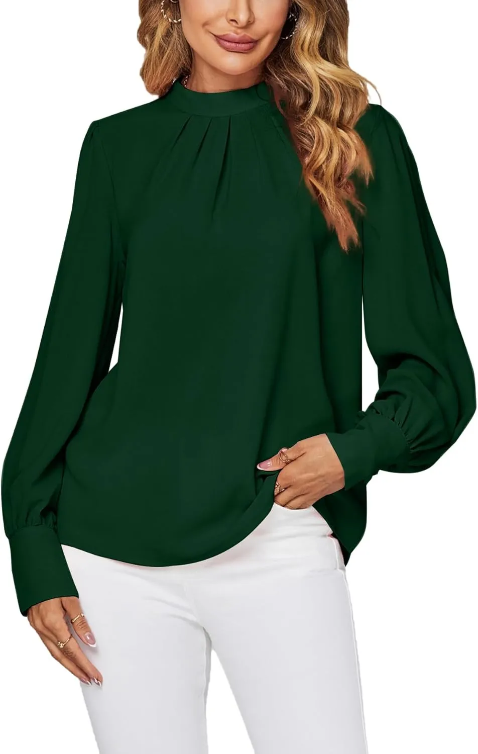 LYANER Women's Mock Neck Pleated Solid Long Sleeve Blouse Office Shirt Top