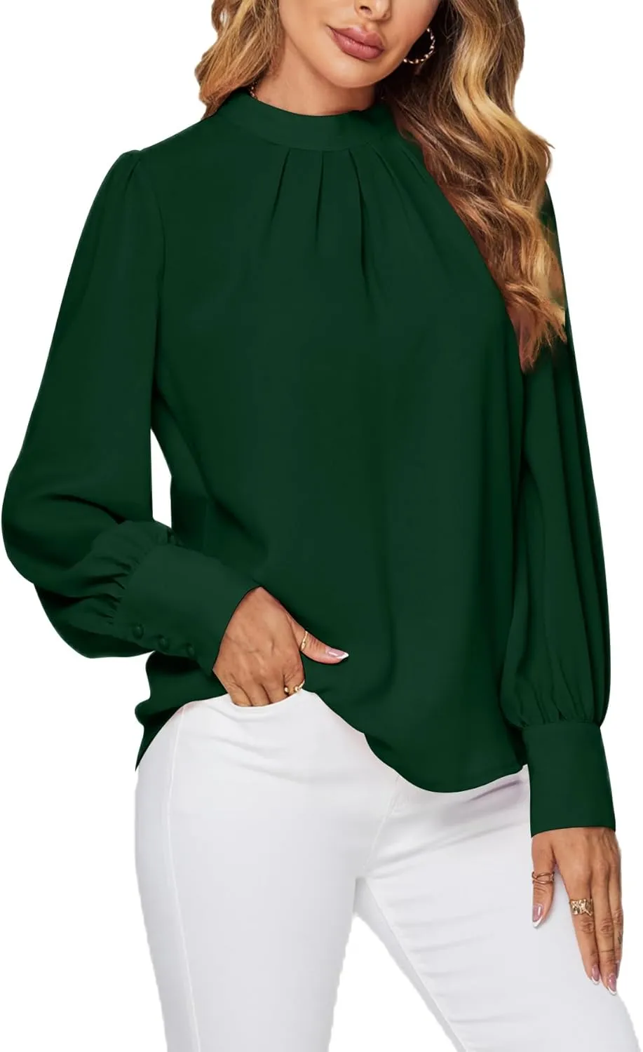 LYANER Women's Mock Neck Pleated Solid Long Sleeve Blouse Office Shirt Top