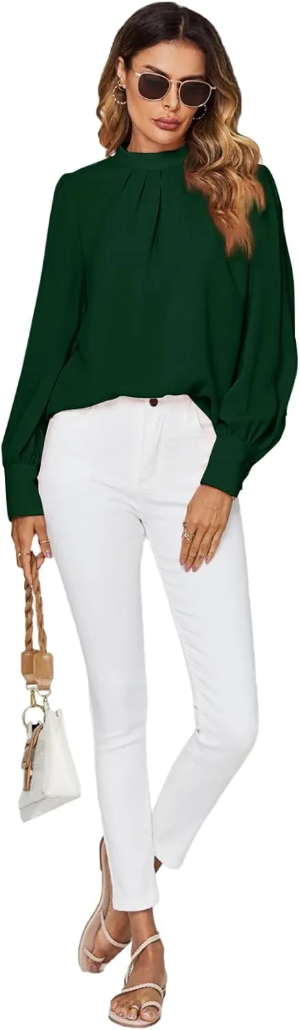 LYANER Women's Mock Neck Pleated Solid Long Sleeve Blouse Office Shirt Top