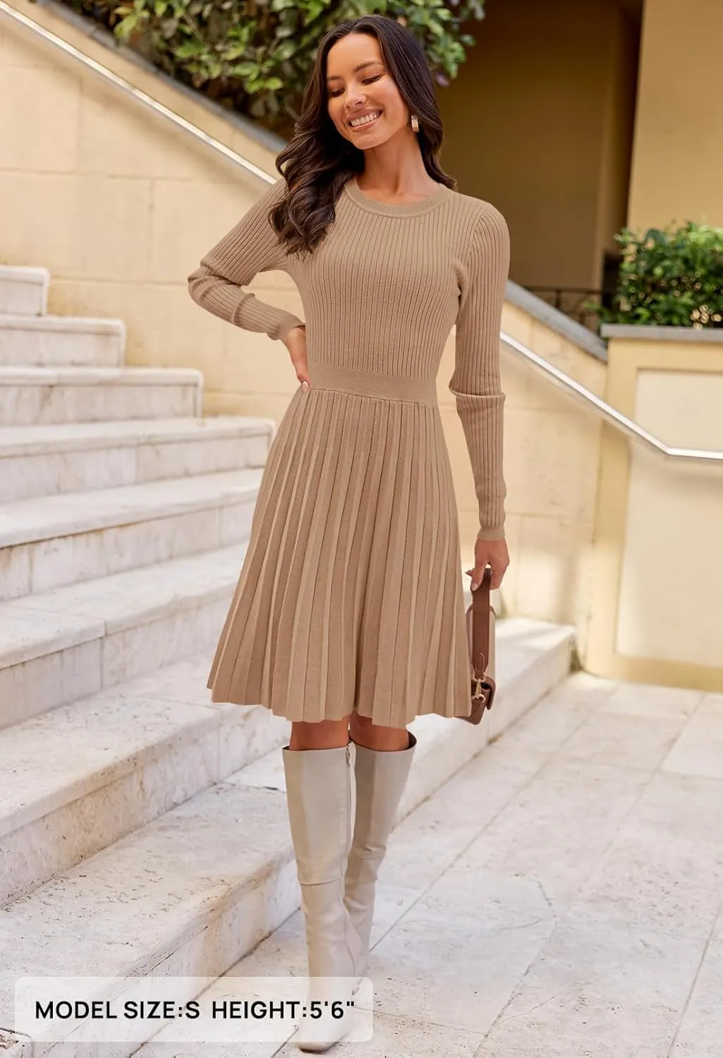 MEROKEETY Women's 2025 Long Sleeve Mini Sweater Dress Crewneck Ribbed Knit A Line Pleated Swing Short Dresses