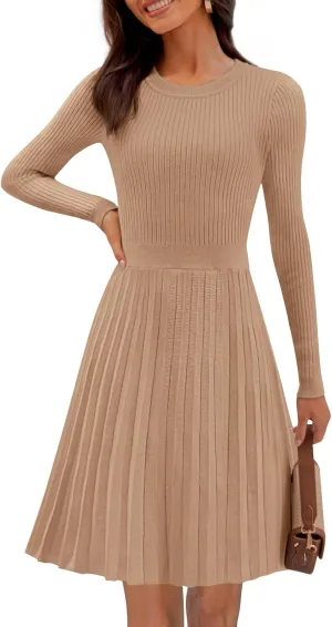 MEROKEETY Women's 2025 Long Sleeve Mini Sweater Dress Crewneck Ribbed Knit A Line Pleated Swing Short Dresses