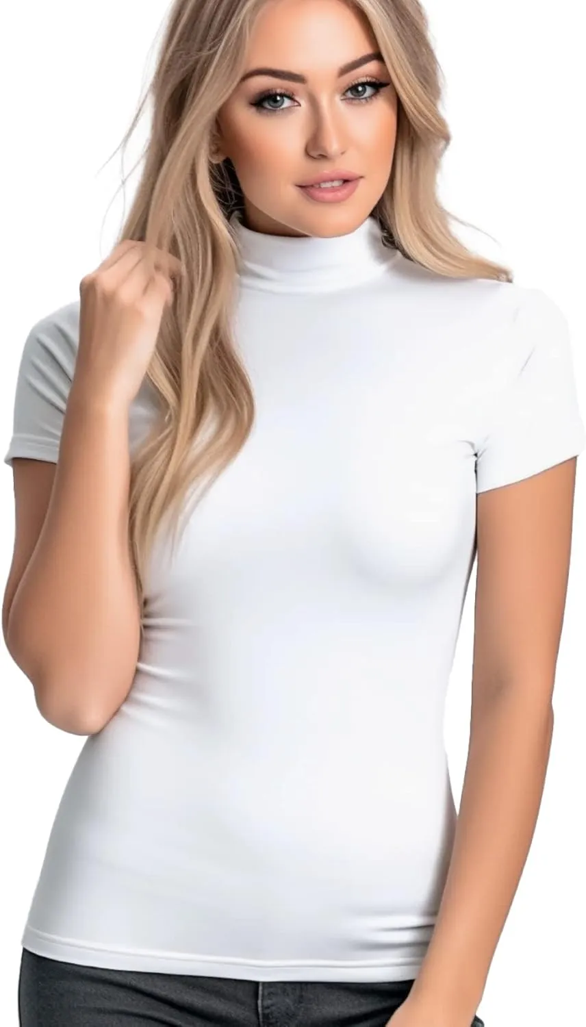 Mock Turtleneck Short Sleeve Tops for Women, Mock Neck Fitted T-Shirt Flowey Print Baselayer Office Tee