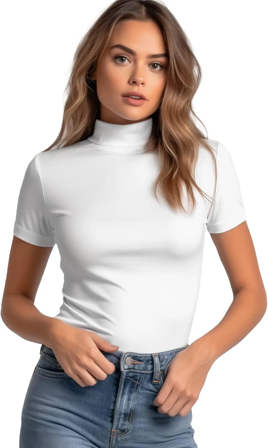 Mock Turtleneck Short Sleeve Tops for Women, Mock Neck Fitted T-Shirt Flowey Print Baselayer Office Tee