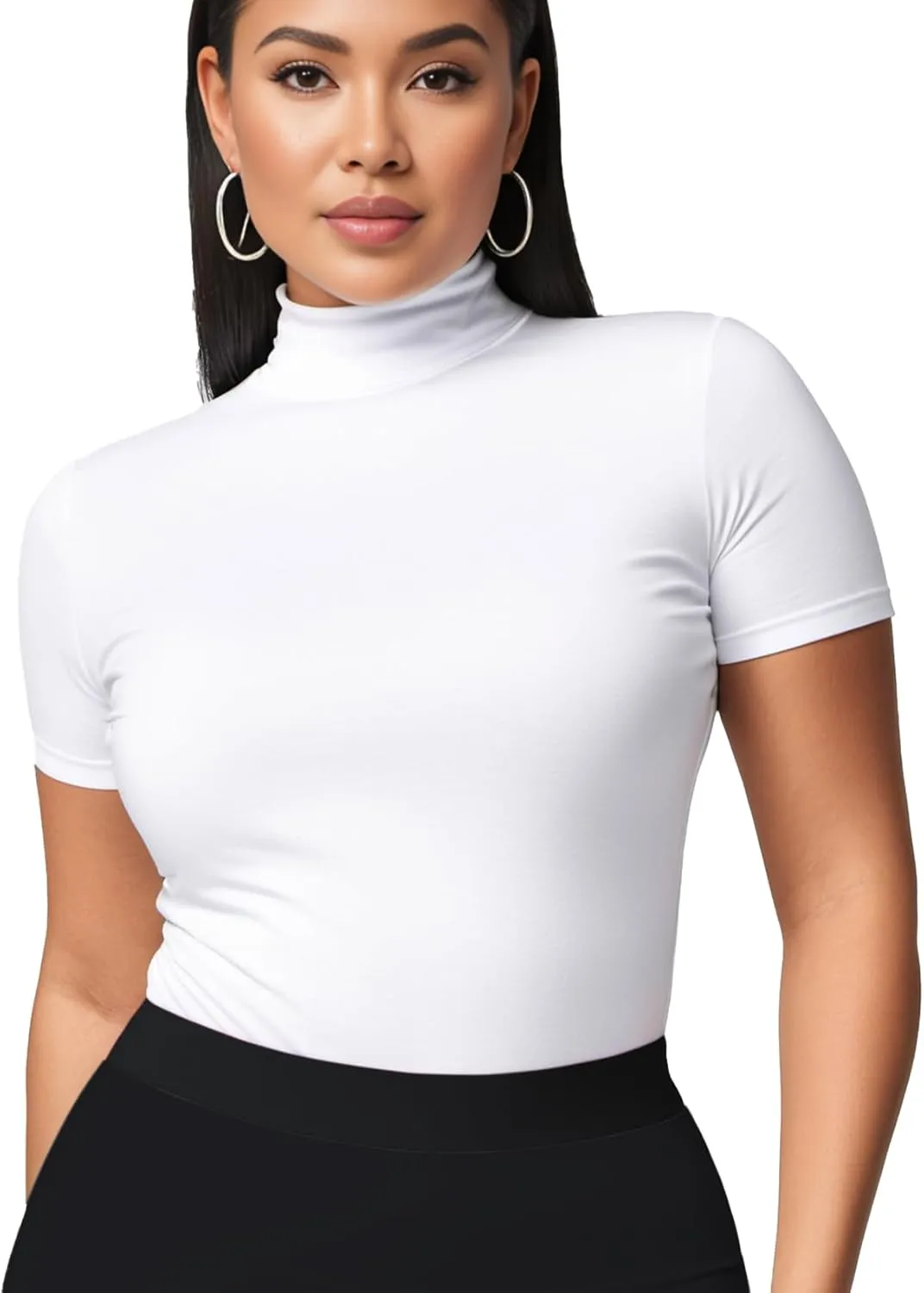 Mock Turtleneck Short Sleeve Tops for Women, Mock Neck Fitted T-Shirt Flowey Print Baselayer Office Tee