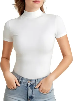 Mock Turtleneck Short Sleeve Tops for Women, Mock Neck Fitted T-Shirt Flowey Print Baselayer Office Tee