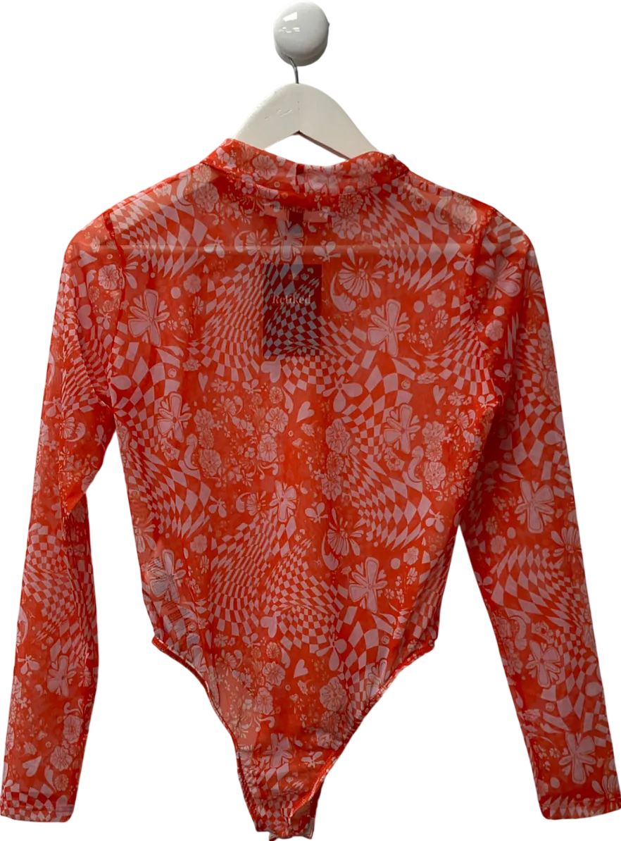 New Girl Order Orange Print Mesh Mock Neck Bodysuit UK 10