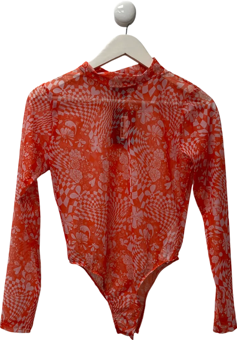 New Girl Order Orange Print Mesh Mock Neck Bodysuit UK 10