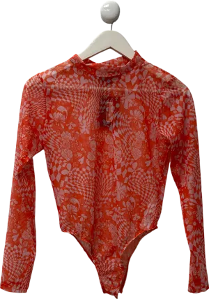New Girl Order Orange Print Mesh Mock Neck Bodysuit UK 10