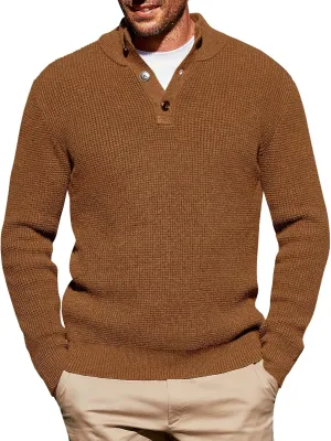 Runcati Mens Pullover Sweater Knitted Quarter Button Stand Collar Casual Thermal Henley Sweaters