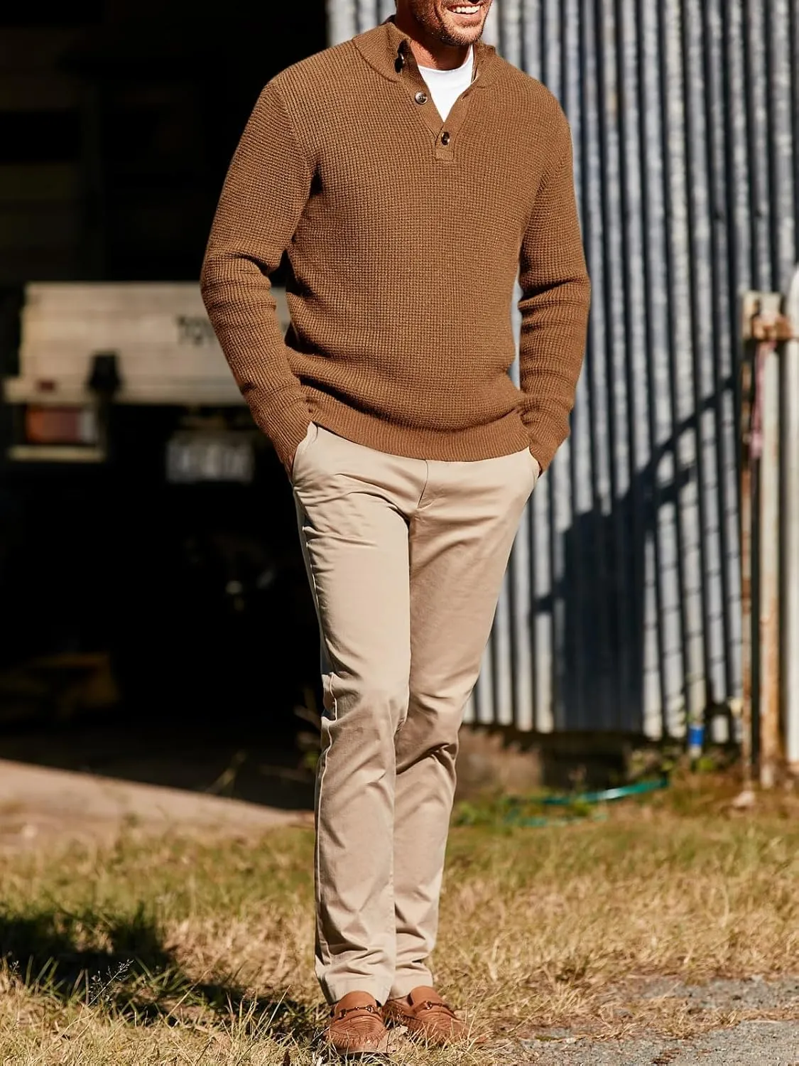 Runcati Mens Pullover Sweater Knitted Quarter Button Stand Collar Casual Thermal Henley Sweaters