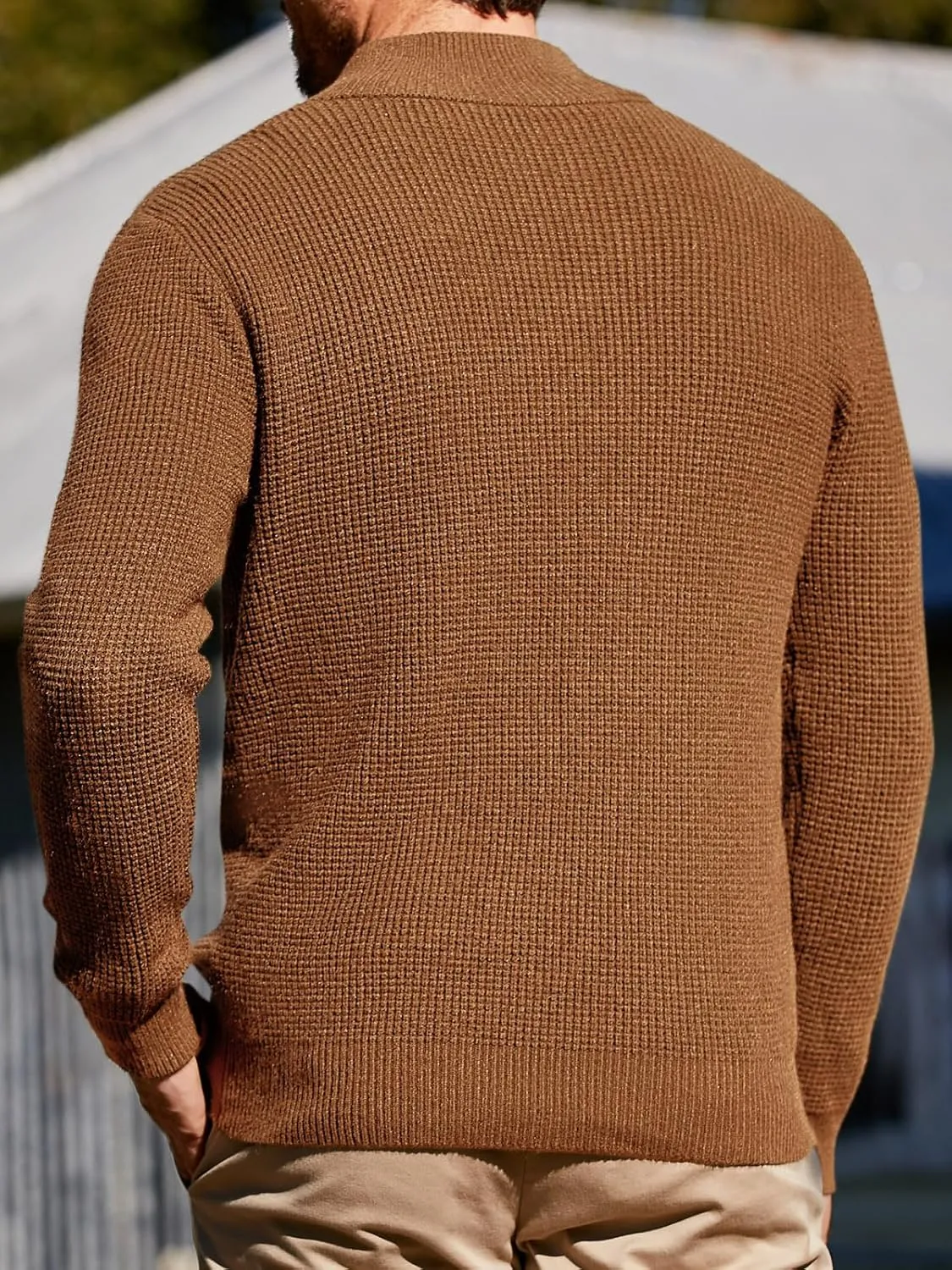 Runcati Mens Pullover Sweater Knitted Quarter Button Stand Collar Casual Thermal Henley Sweaters