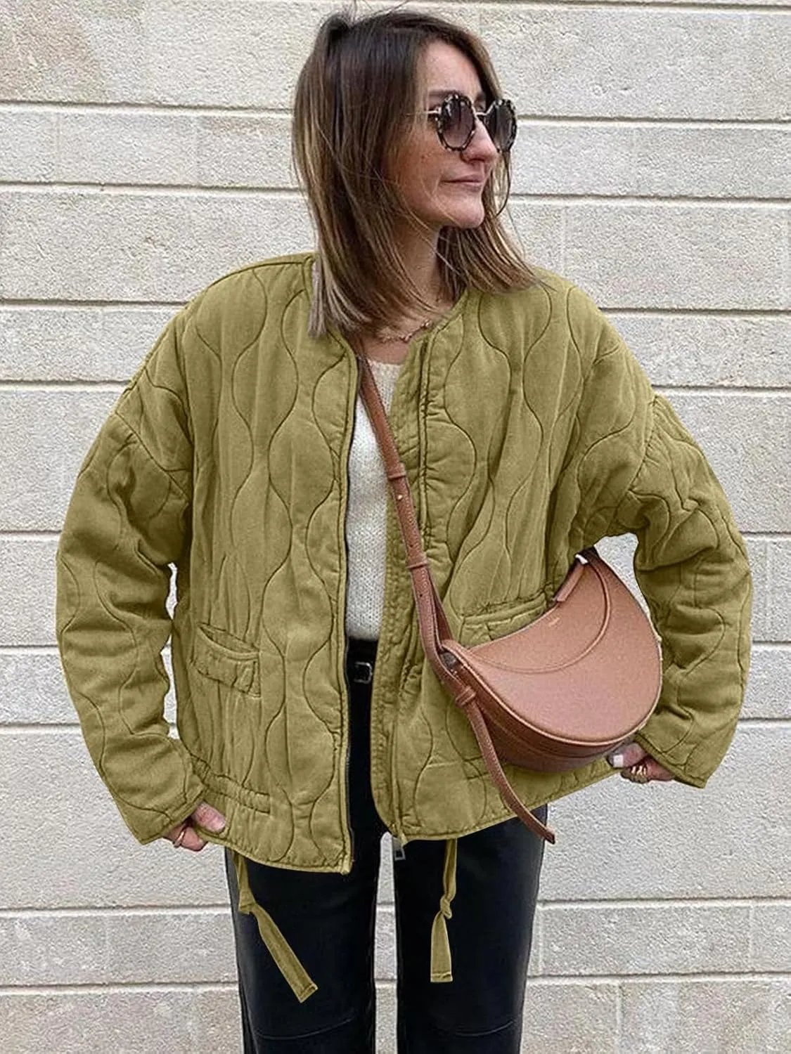 Tankaneo Womens Collarless Lightweight Quilted Jackets Casual Oversized Puffer Coats Zip Up Drawstring Outerwear