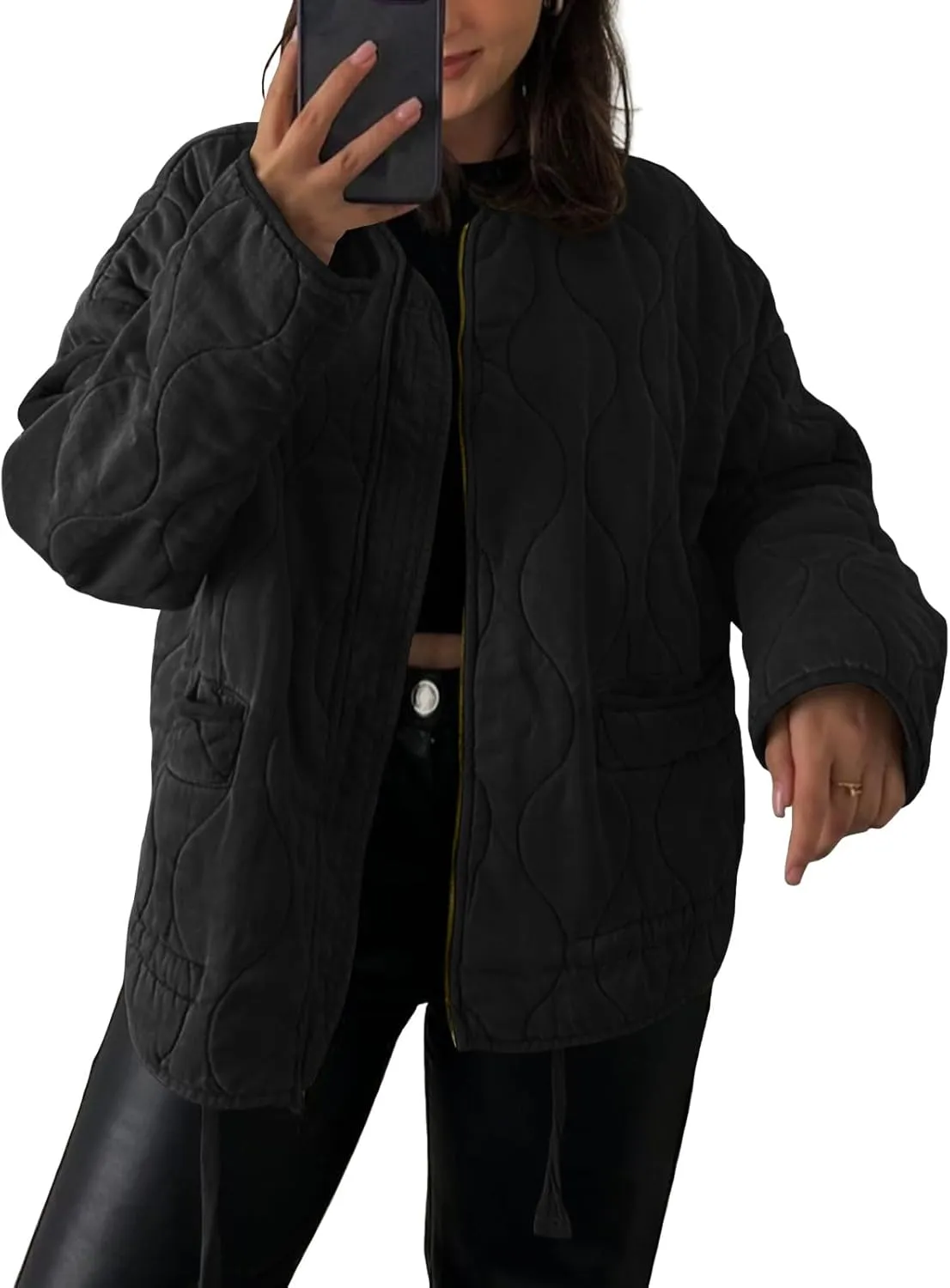 Tankaneo Womens Collarless Lightweight Quilted Jackets Casual Oversized Puffer Coats Zip Up Drawstring Outerwear