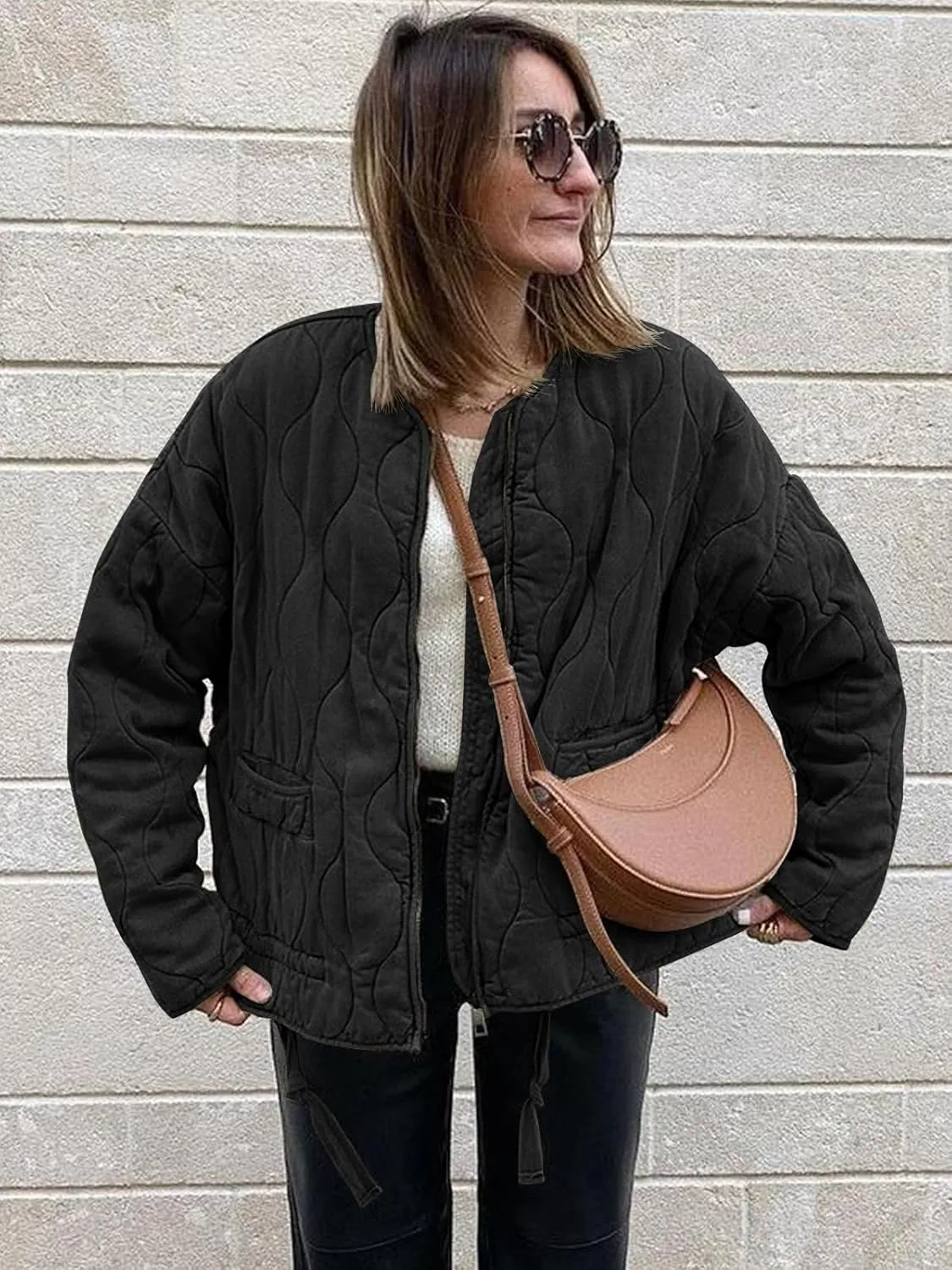 Tankaneo Womens Collarless Lightweight Quilted Jackets Casual Oversized Puffer Coats Zip Up Drawstring Outerwear