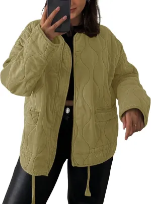 Tankaneo Womens Collarless Lightweight Quilted Jackets Casual Oversized Puffer Coats Zip Up Drawstring Outerwear