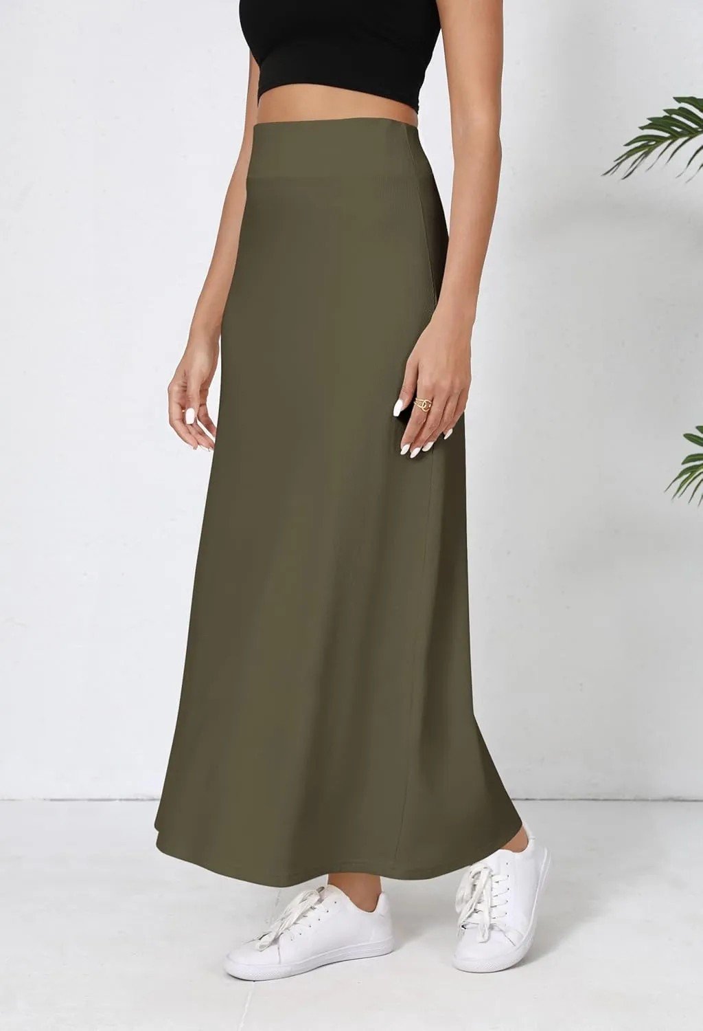Urban CoCo Elastic Waist A-Line Long Maxi Skirt Below Knee for Women