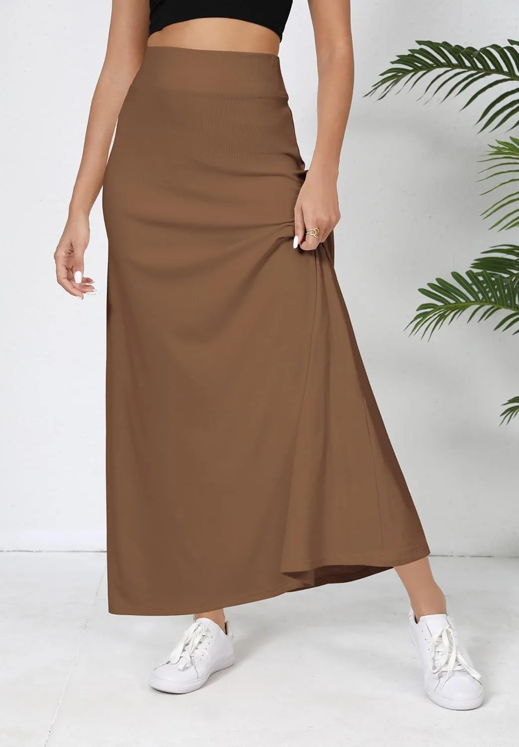 Urban CoCo Elastic Waist A-Line Long Maxi Skirt Below Knee for Women