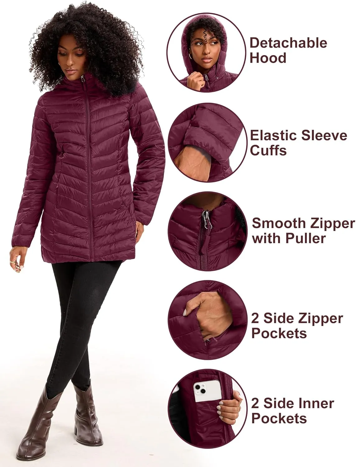 Women Packable Puffer Jacket Hooded Warm Lightweight Quilted Puffy Coat
