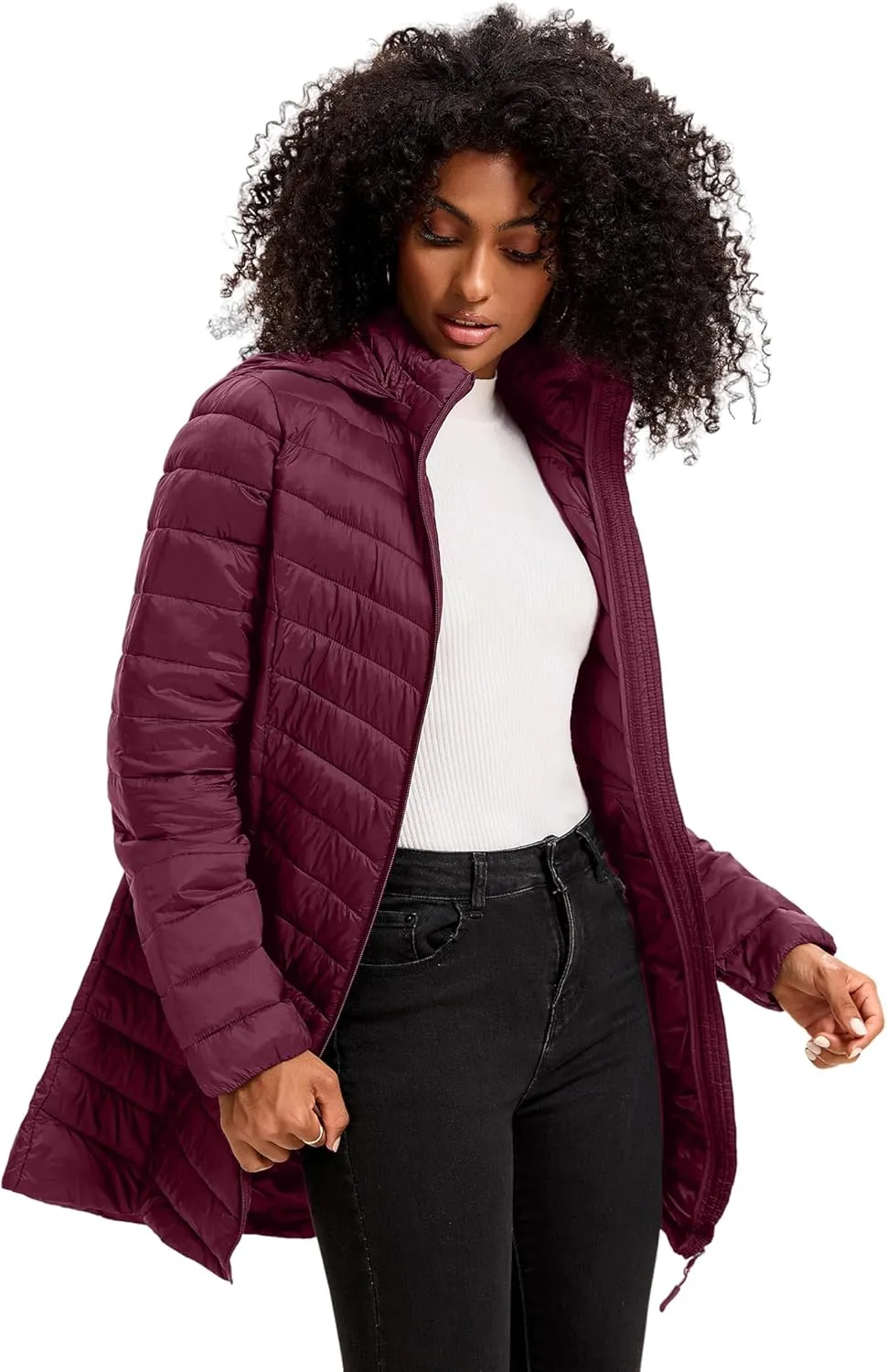 Women Packable Puffer Jacket Hooded Warm Lightweight Quilted Puffy Coat