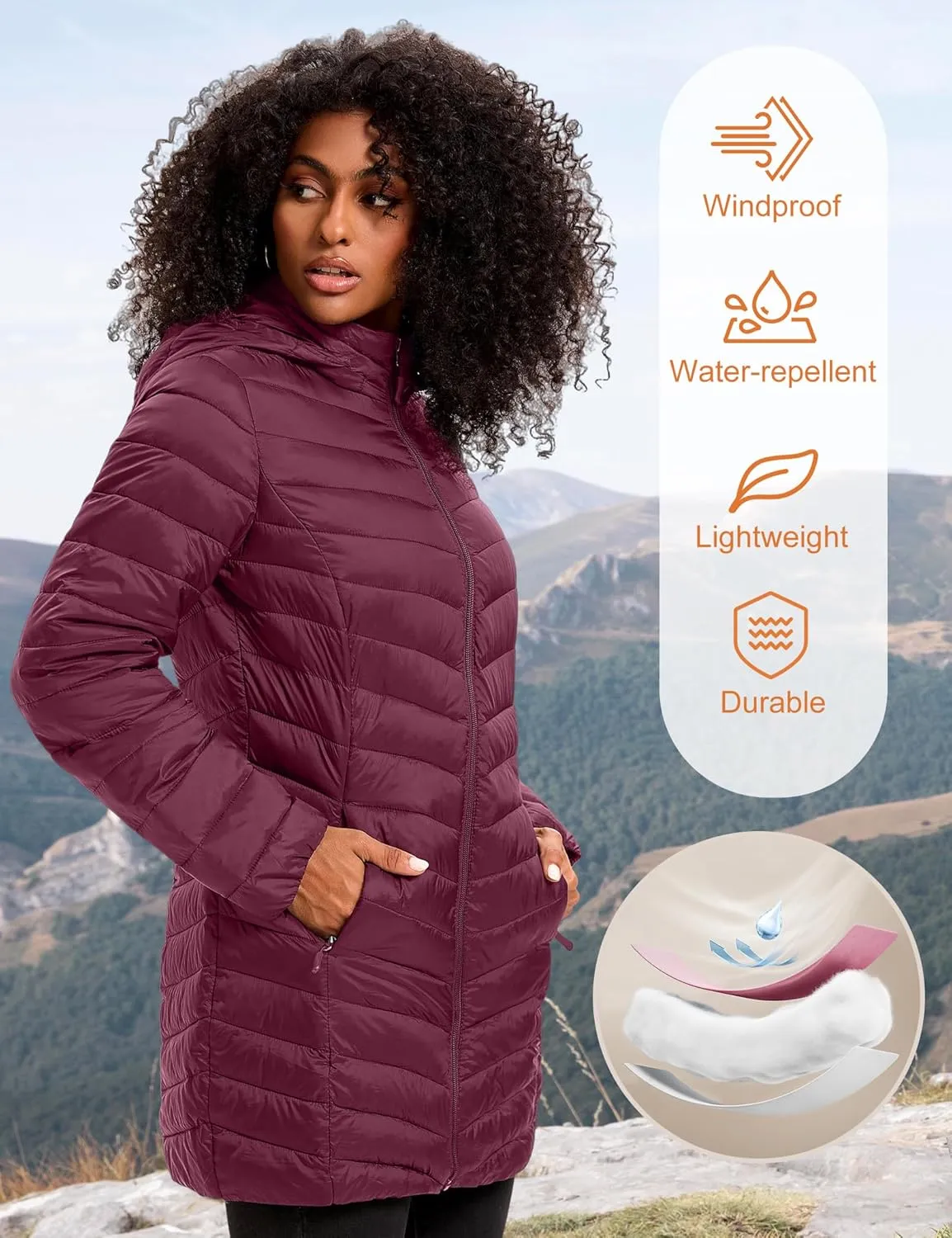 Women Packable Puffer Jacket Hooded Warm Lightweight Quilted Puffy Coat