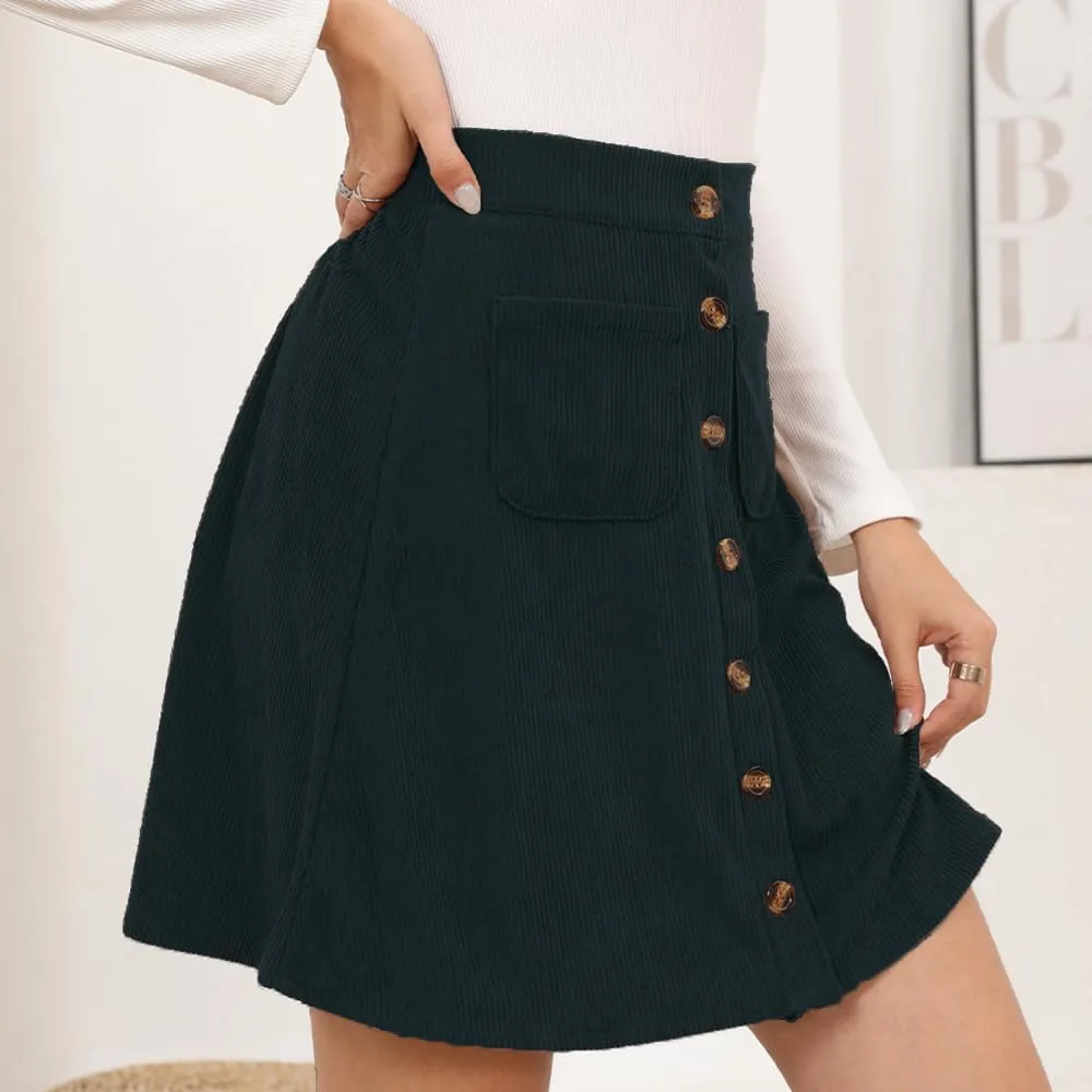 Women's Button Down Corduroy Skirts High Waist A-line Pleated Short Mini Skirt with Pockets