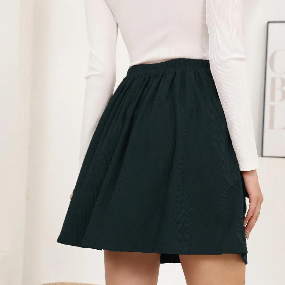 Women's Button Down Corduroy Skirts High Waist A-line Pleated Short Mini Skirt with Pockets