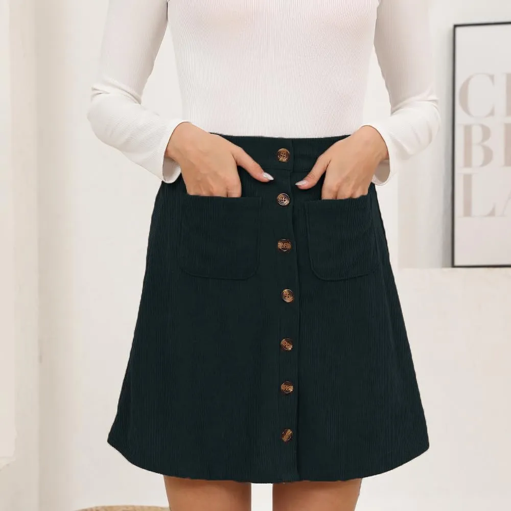 Women's Button Down Corduroy Skirts High Waist A-line Pleated Short Mini Skirt with Pockets