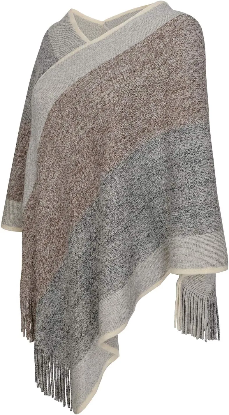 Women's Elegant Knitted Shawl Poncho with Fringed V-Neck Striped Sweater Pullover Cape Gifts for Women Mom