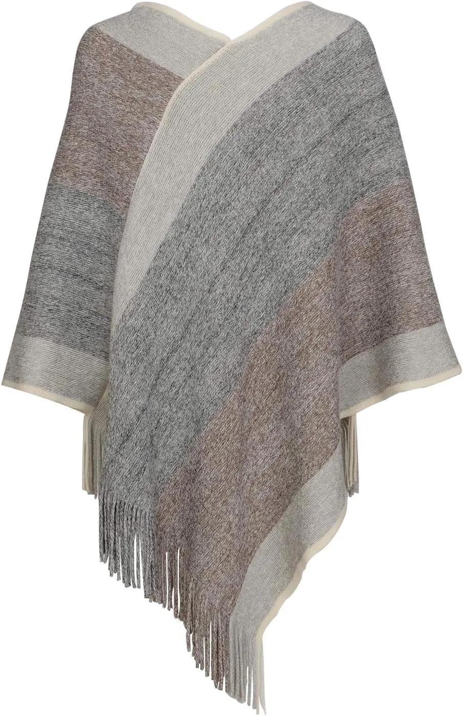 Women's Elegant Knitted Shawl Poncho with Fringed V-Neck Striped Sweater Pullover Cape Gifts for Women Mom