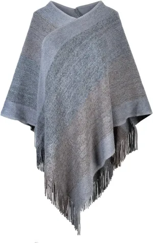 Women's Elegant Knitted Shawl Poncho with Fringed V-Neck Striped Sweater Pullover Cape Gifts for Women Mom