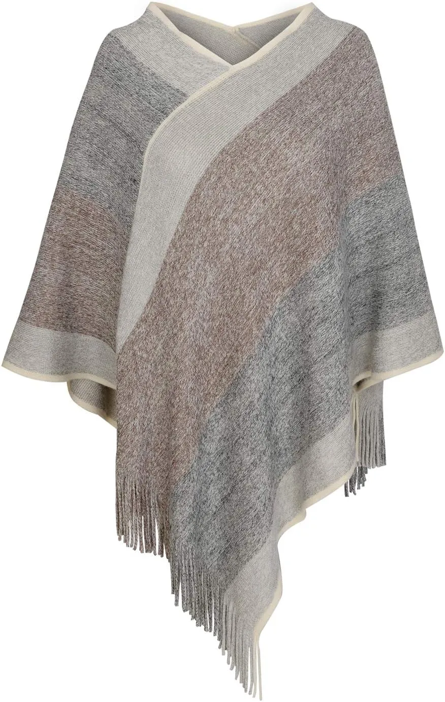 Women's Elegant Knitted Shawl Poncho with Fringed V-Neck Striped Sweater Pullover Cape Gifts for Women Mom