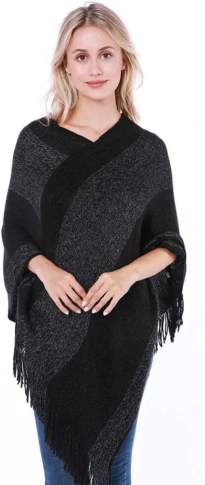 Women's Elegant Knitted Shawl Poncho with Fringed V-Neck Striped Sweater Pullover Cape Gifts for Women Mom