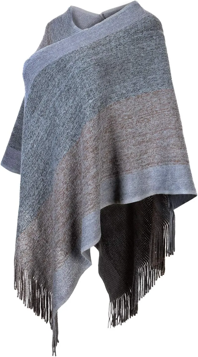 Women's Elegant Knitted Shawl Poncho with Fringed V-Neck Striped Sweater Pullover Cape Gifts for Women Mom