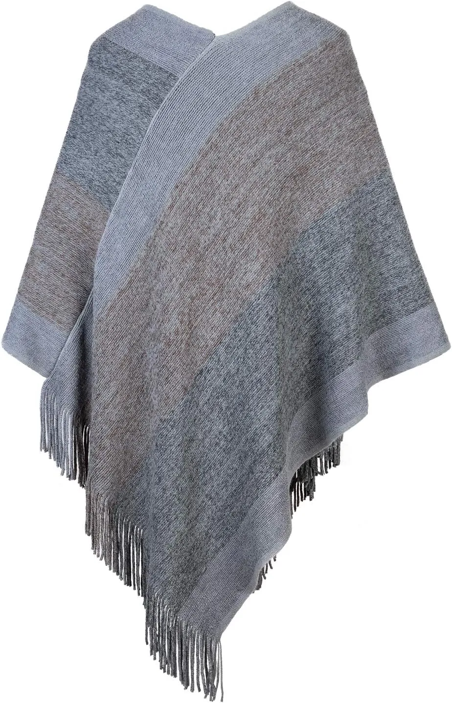 Women's Elegant Knitted Shawl Poncho with Fringed V-Neck Striped Sweater Pullover Cape Gifts for Women Mom