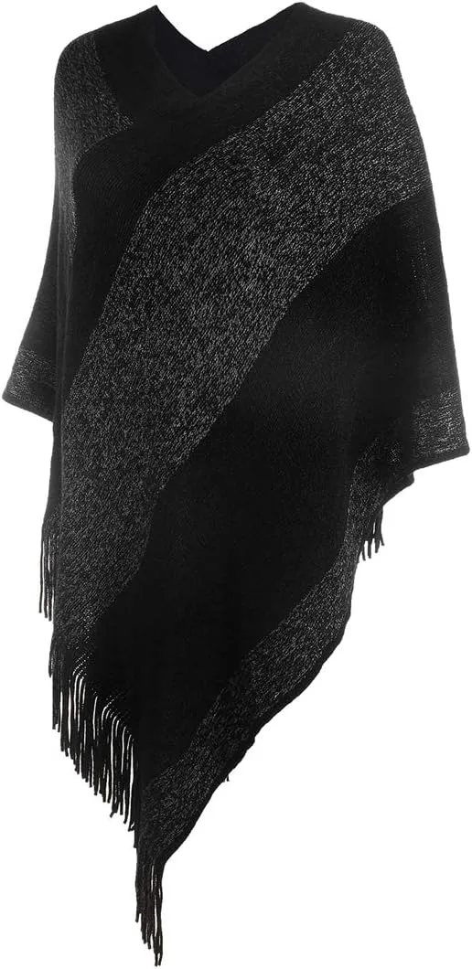 Women's Elegant Knitted Shawl Poncho with Fringed V-Neck Striped Sweater Pullover Cape Gifts for Women Mom