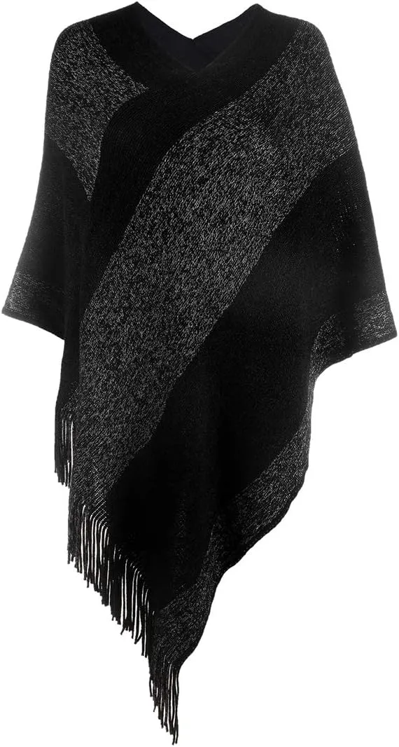 Women's Elegant Knitted Shawl Poncho with Fringed V-Neck Striped Sweater Pullover Cape Gifts for Women Mom