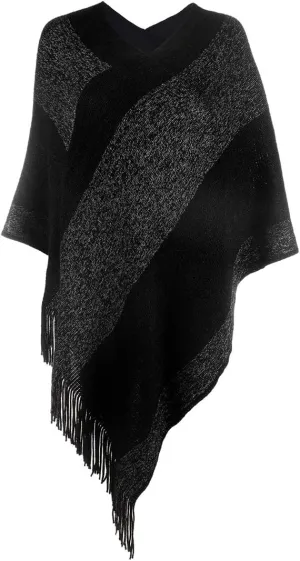 Women's Elegant Knitted Shawl Poncho with Fringed V-Neck Striped Sweater Pullover Cape Gifts for Women Mom