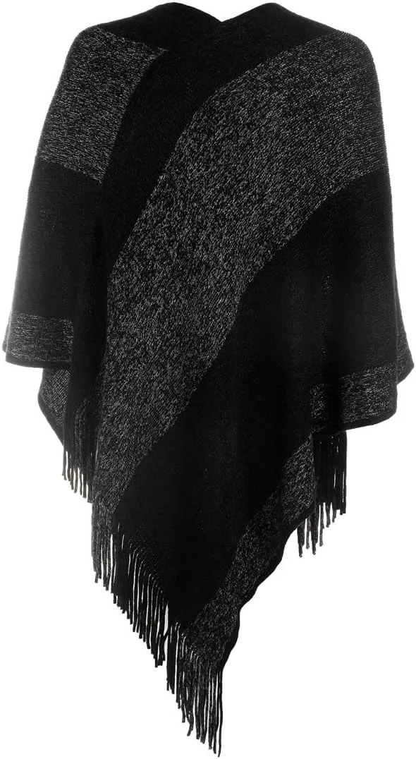 Women's Elegant Knitted Shawl Poncho with Fringed V-Neck Striped Sweater Pullover Cape Gifts for Women Mom