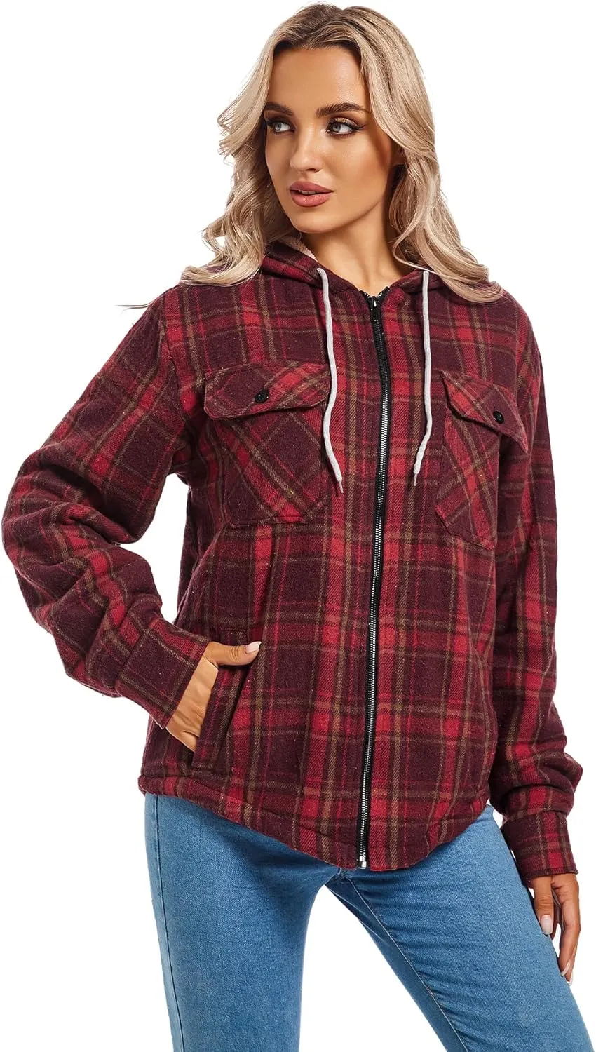 Women's Full Zip Fleece Flannel Jacket Plaid Sherpa Lined Jacket for Women